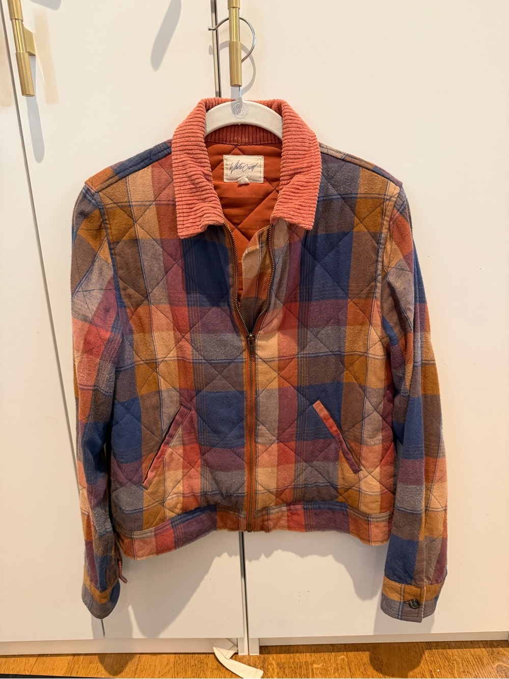 Quilted Plaid Zip Front Jacket with Corduroy Collar - Multi